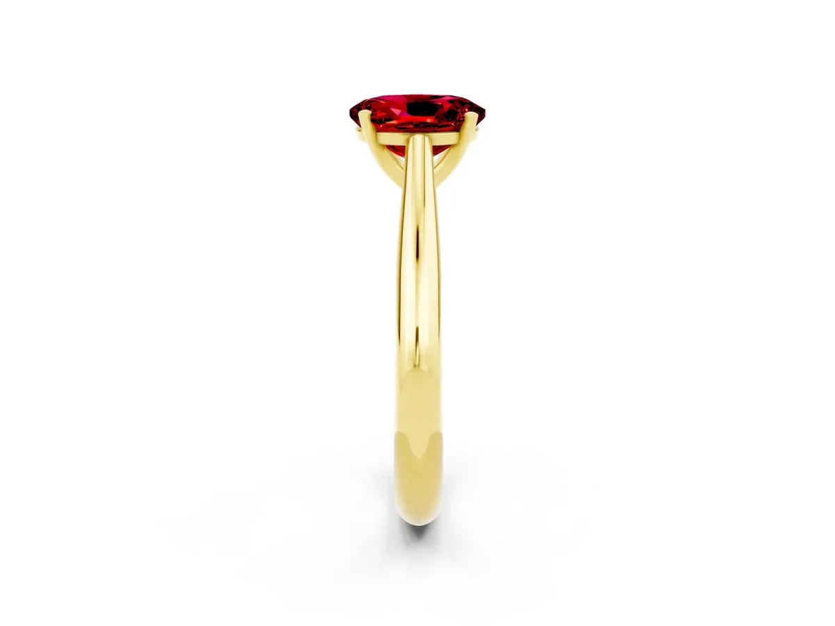 Oval Cut Ruby Solitaire Engagement Ring with Cathedral Setting and Four-Prong Mount Yellow gold