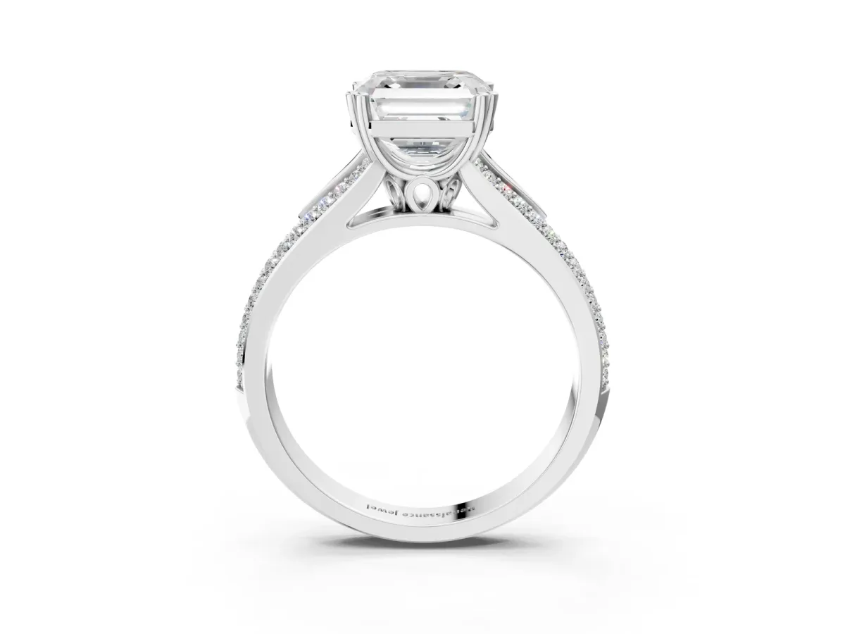 Asscher Cut Diamond Split Shank Engagement Ring with Pavé Band Platinum