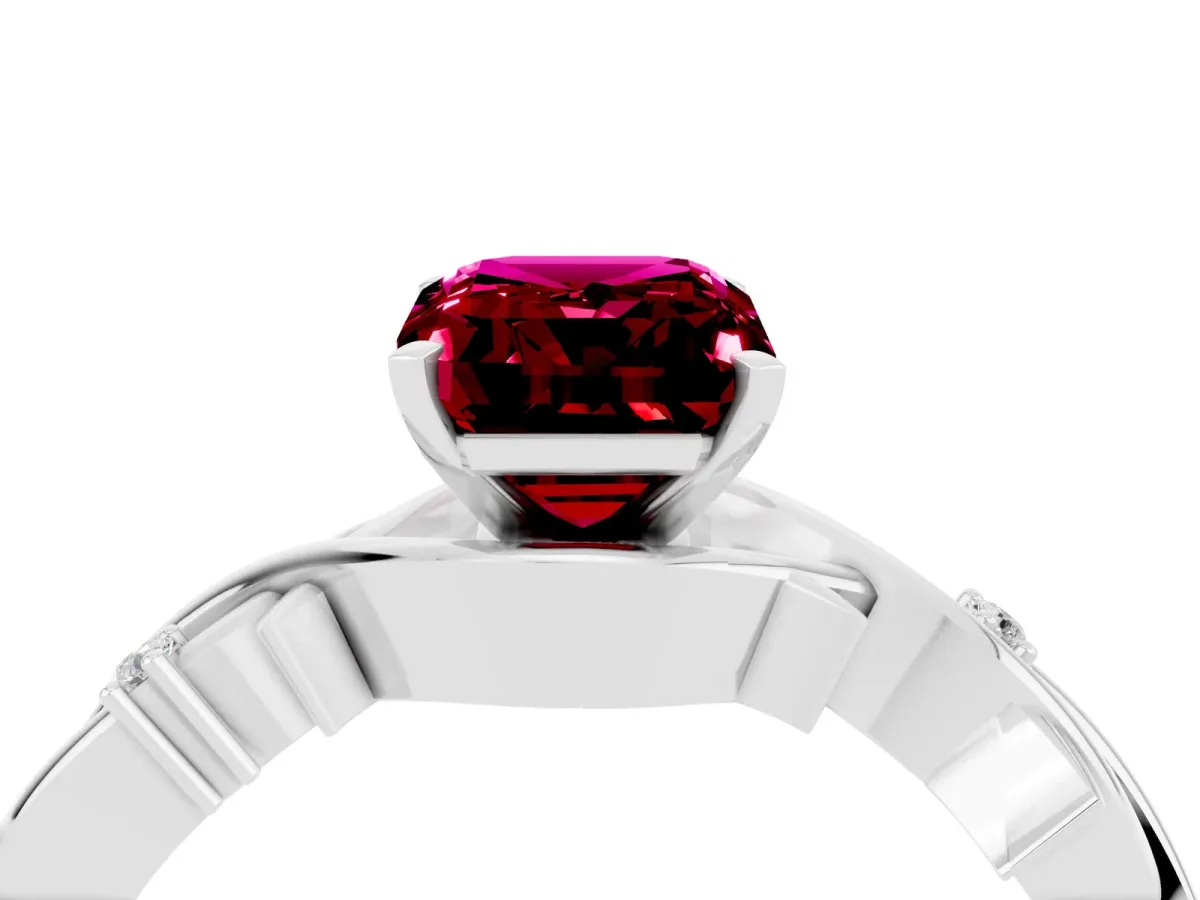 Emerald Cut Garnet Solitaire Ring with Twisted Band and Prong Setting White gold