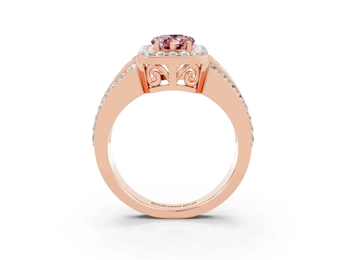 Pear Cut Halo Morganite Ring with Round Split Shank and Prong Setting Rose gold