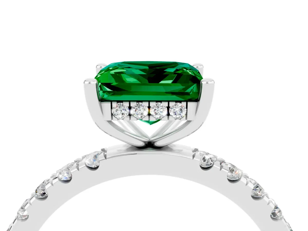 Princess Cut Emerald Pave Band Solitaire Ring with Round and Prong Setting Platinum