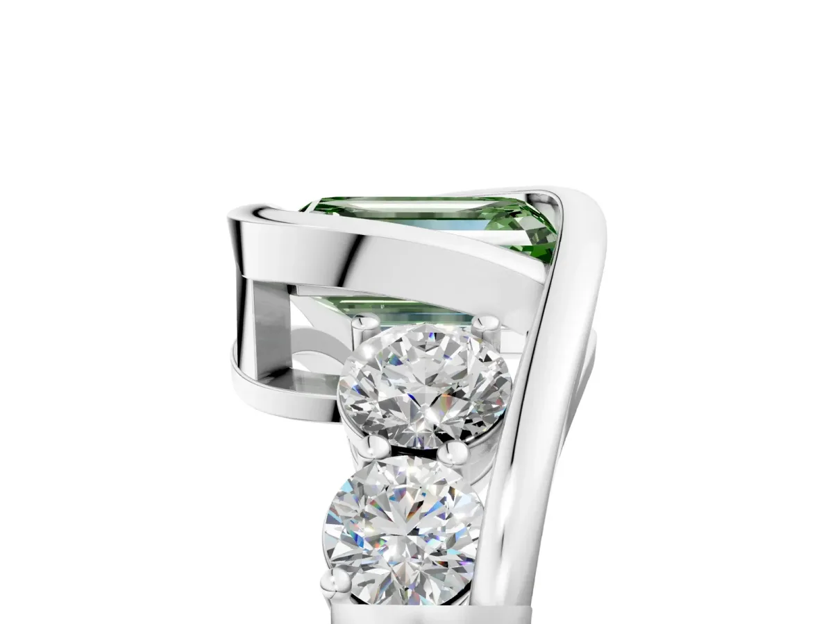 Fancy Green Bezel Set Emerald Cut Diamond Bypass Ring with Round Accents Silver