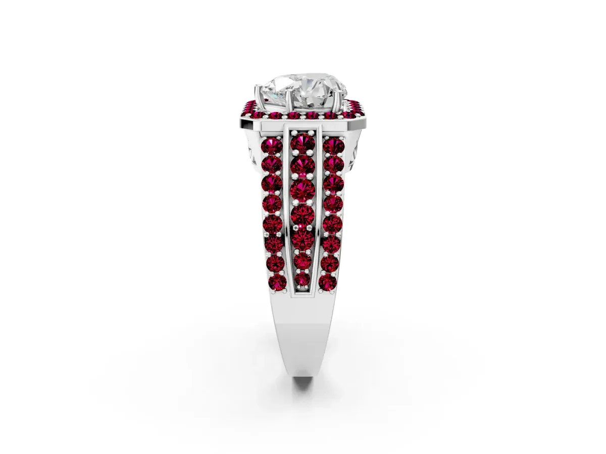 Heart Cut Halo Diamond Ring with Round Garnet Split Shank and Prong Setting Silver