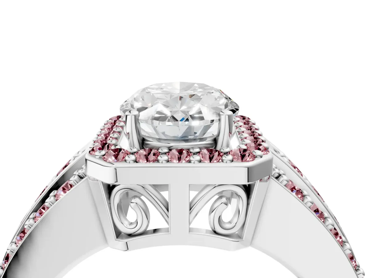 Oval Cut Halo Diamond Ring with Round Morganite Split Shank and Prong Setting Platinum