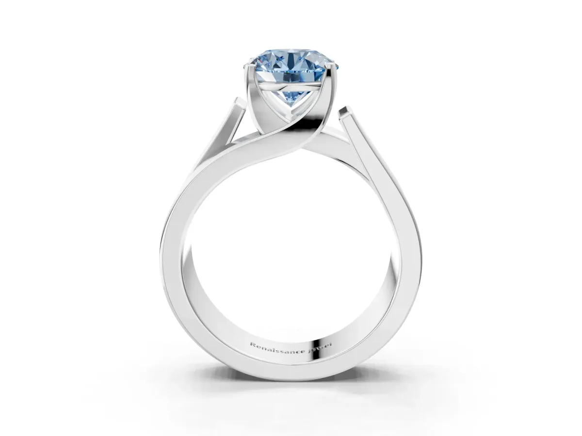 Fancy Blue Modern Tension Set Round Cut Diamond Solitaire Wide Band Ring Silver
