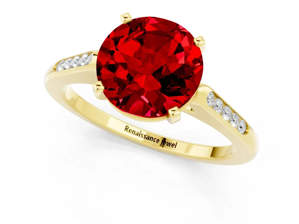 Round Cut Ruby Solitaire Ring with Channel Set Round Band and Prong Setting Yellow gold