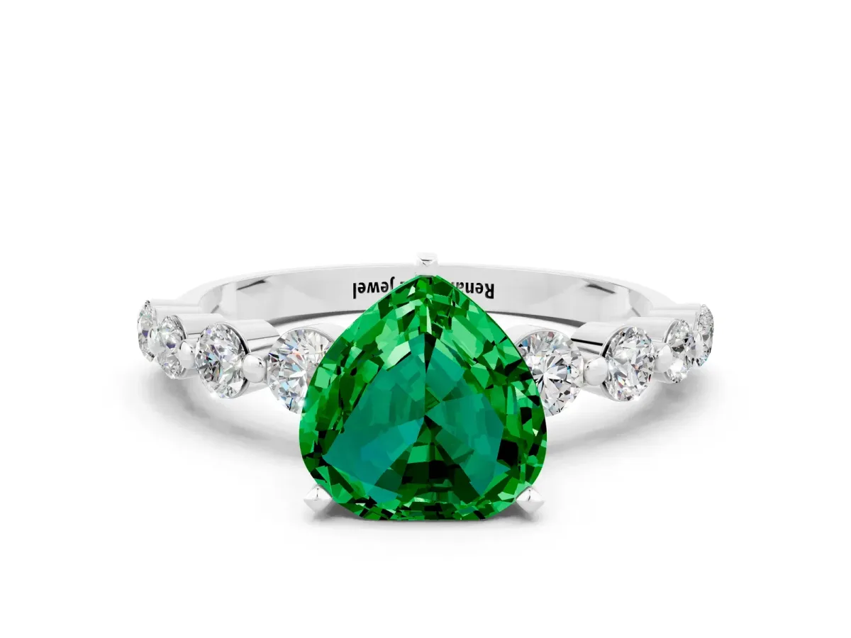 Heart Cut Solitaire Emerald Ring with Pave Band and Four-Prong Setting Silver