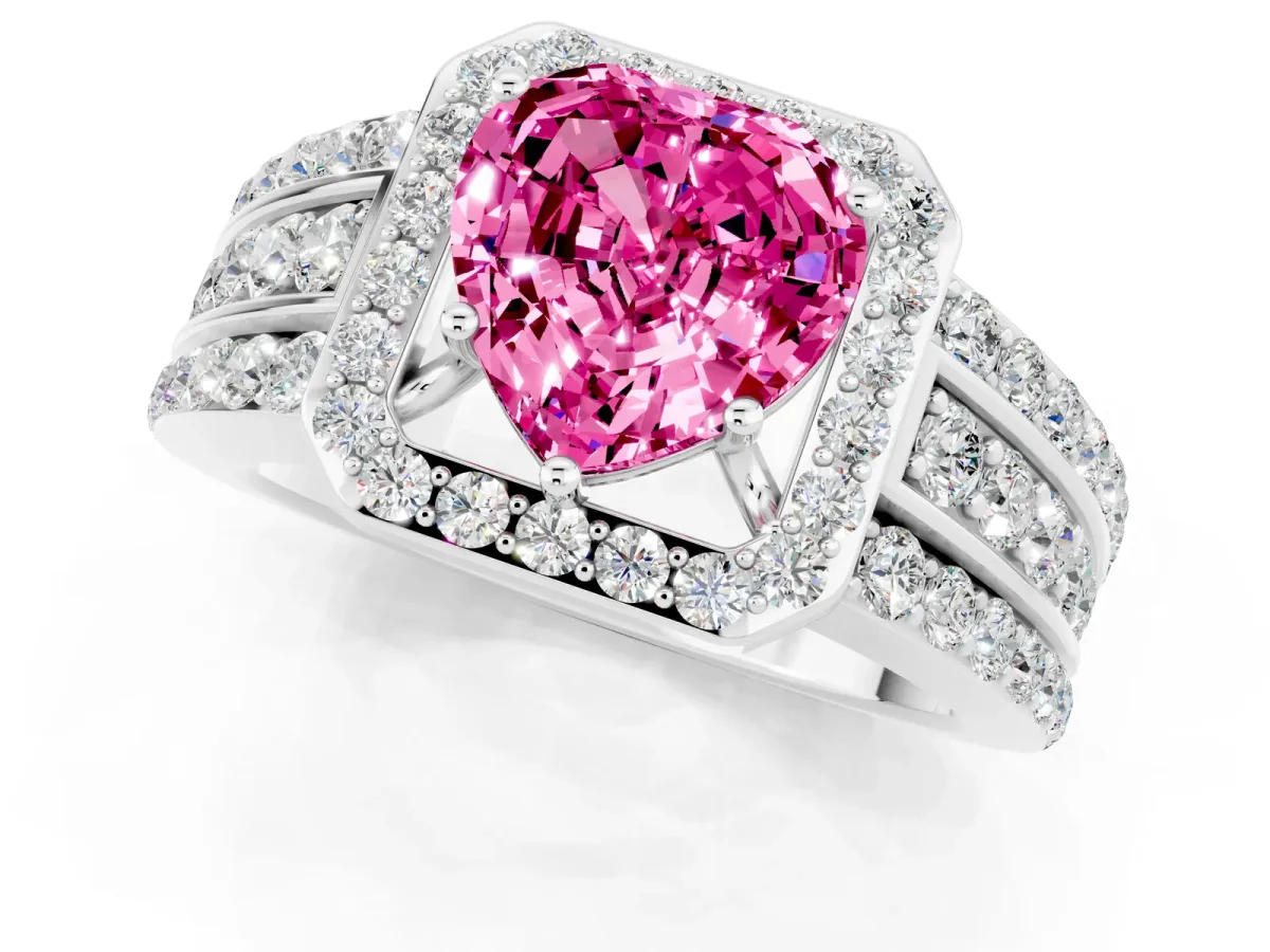 Heart Cut Halo Pink Sapphire Ring with Round Split Shank and Prong Setting Silver