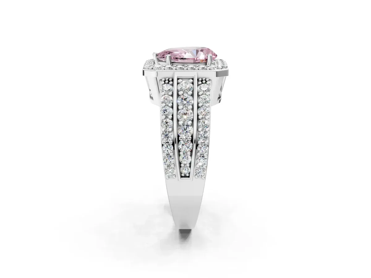 Fancy Pink Pear Cut Halo Diamond Ring with Round Split Shank and Prong Setting Silver