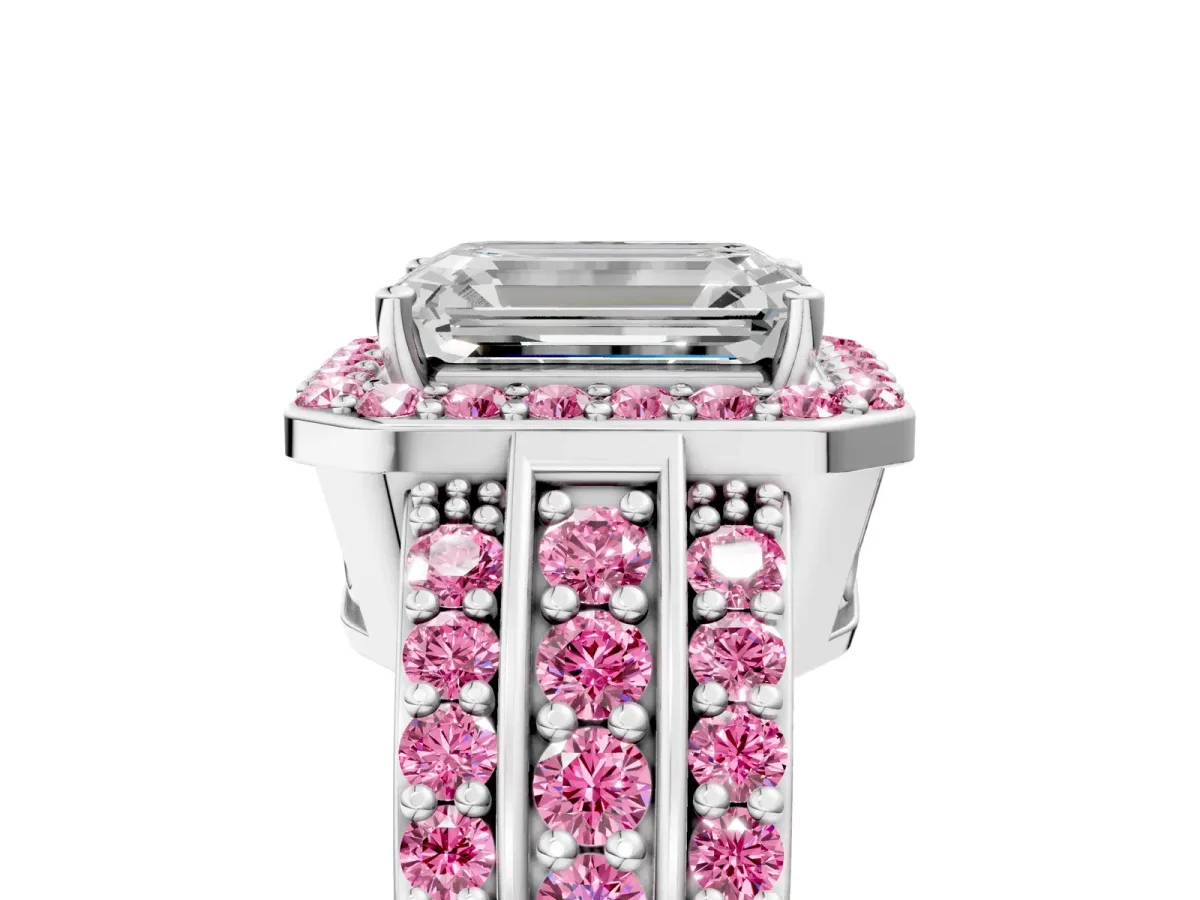Emerald Cut Halo Diamond Ring with Round Pink Sapphire Split Shank and Prong Setting Silver