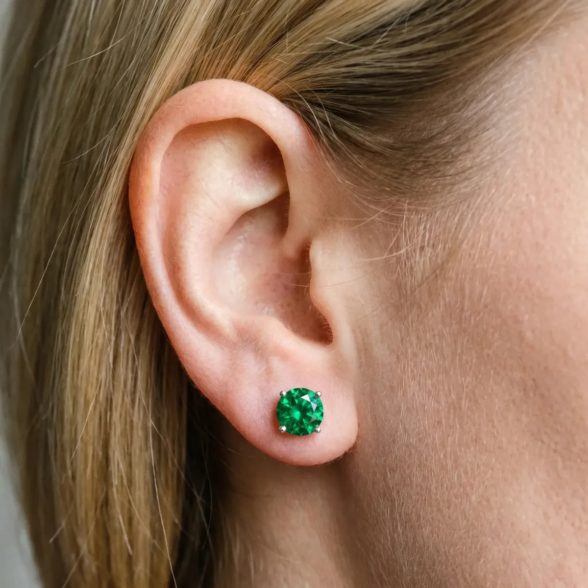 Round Cut Emerald Stud Earrings Silver