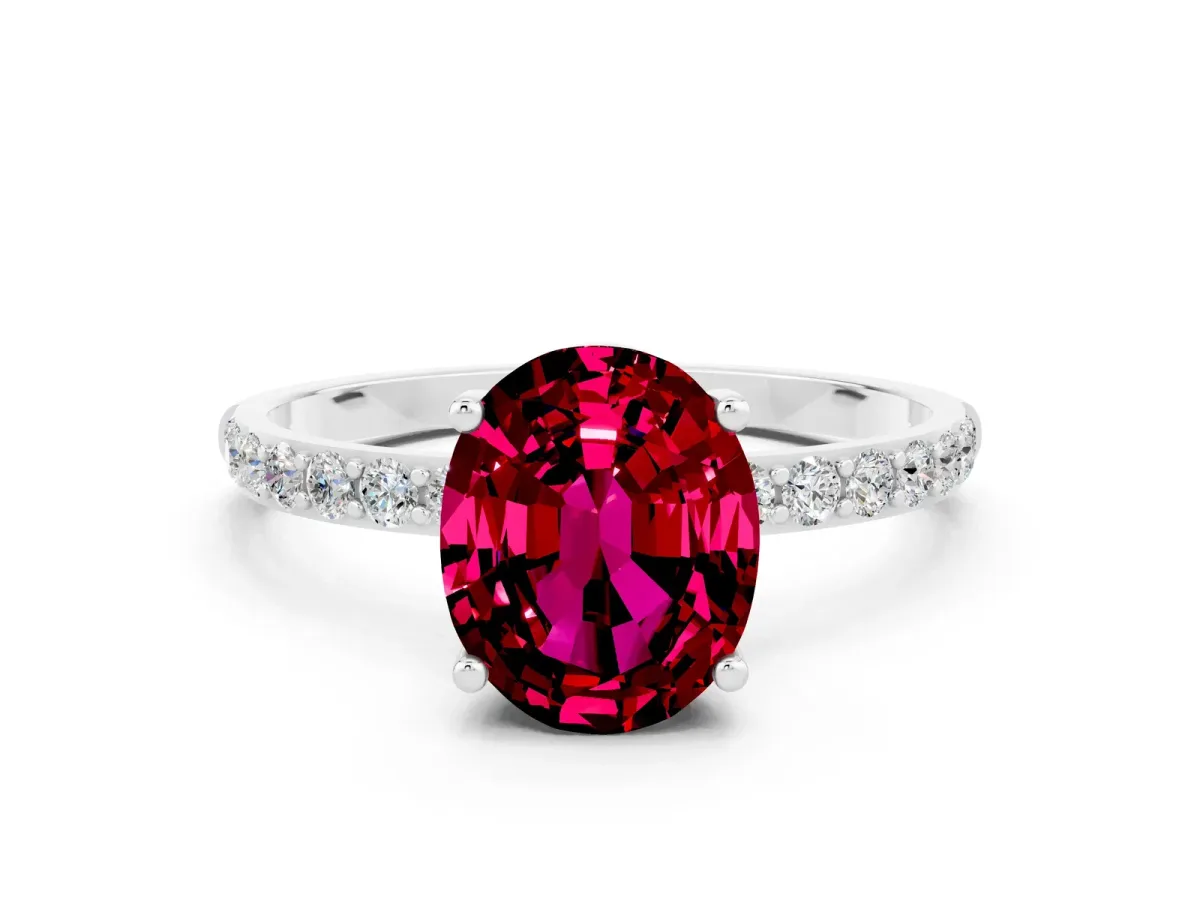 Oval Cut Garnet Solitaire Ring with Round Pavé Band and Prong Setting Platinum