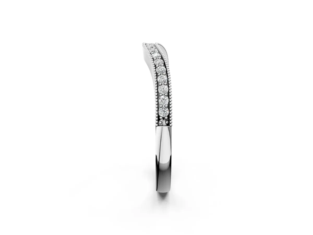 Pavé Round Diamond Curved Band with Milgrain Edge Silver
