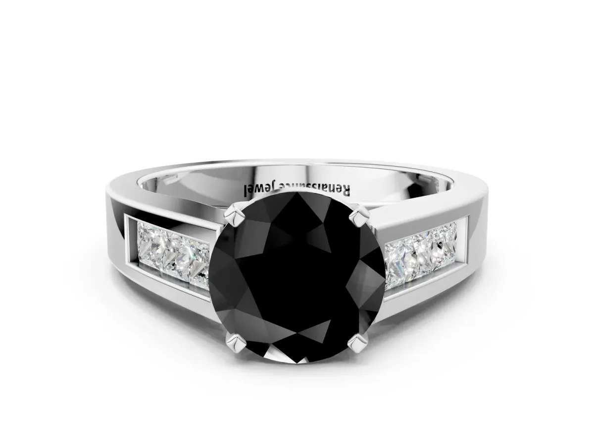 Fancy Black Round Cut Cut Channel Set Solitaire Ring with Four-Prong Setting Silver