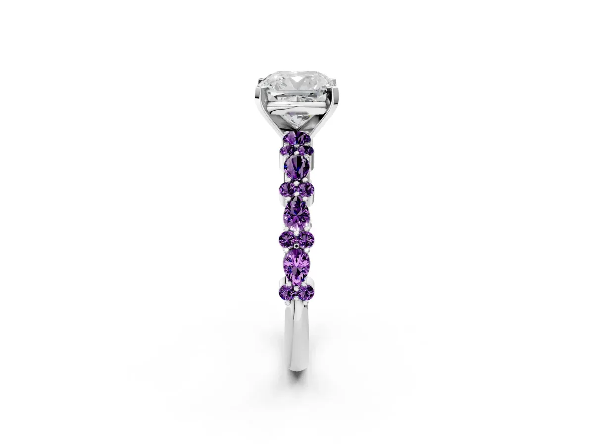 Cushion Cut Diamond Side Stone Solitaire Ring with Round Amethyst and Four-Prong Setting White gold