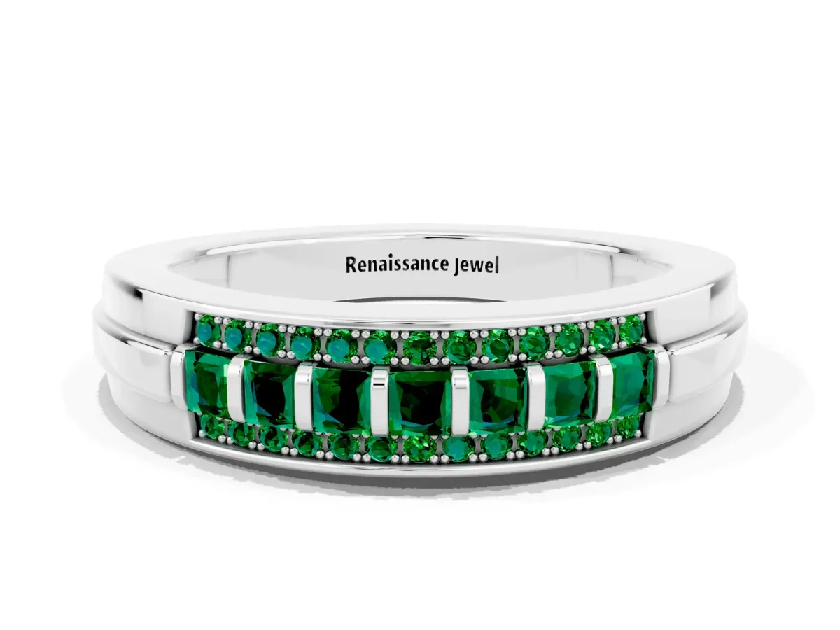Bar-Set Princess Cut Emerald Pavé Band Silver