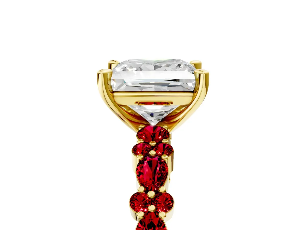 Princess Cut Diamond Side Stone Solitaire Ring with Round Ruby and Four-Prong Setting Yellow gold