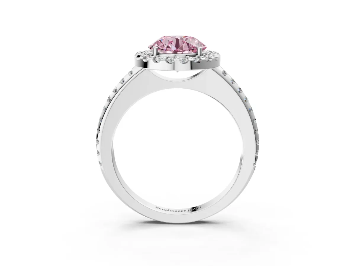 Fancy Pink Round Cut Diamond Pavé Halo Ring with Four-Prong Setting Platinum
