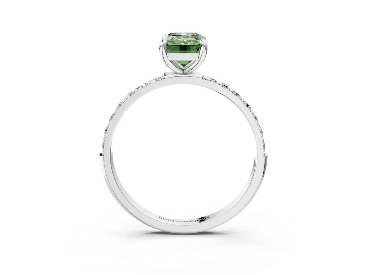 Fancy Green Emerald Cut Diamond Solitaire Ring with Round Pavé Band and Prong Setting Silver