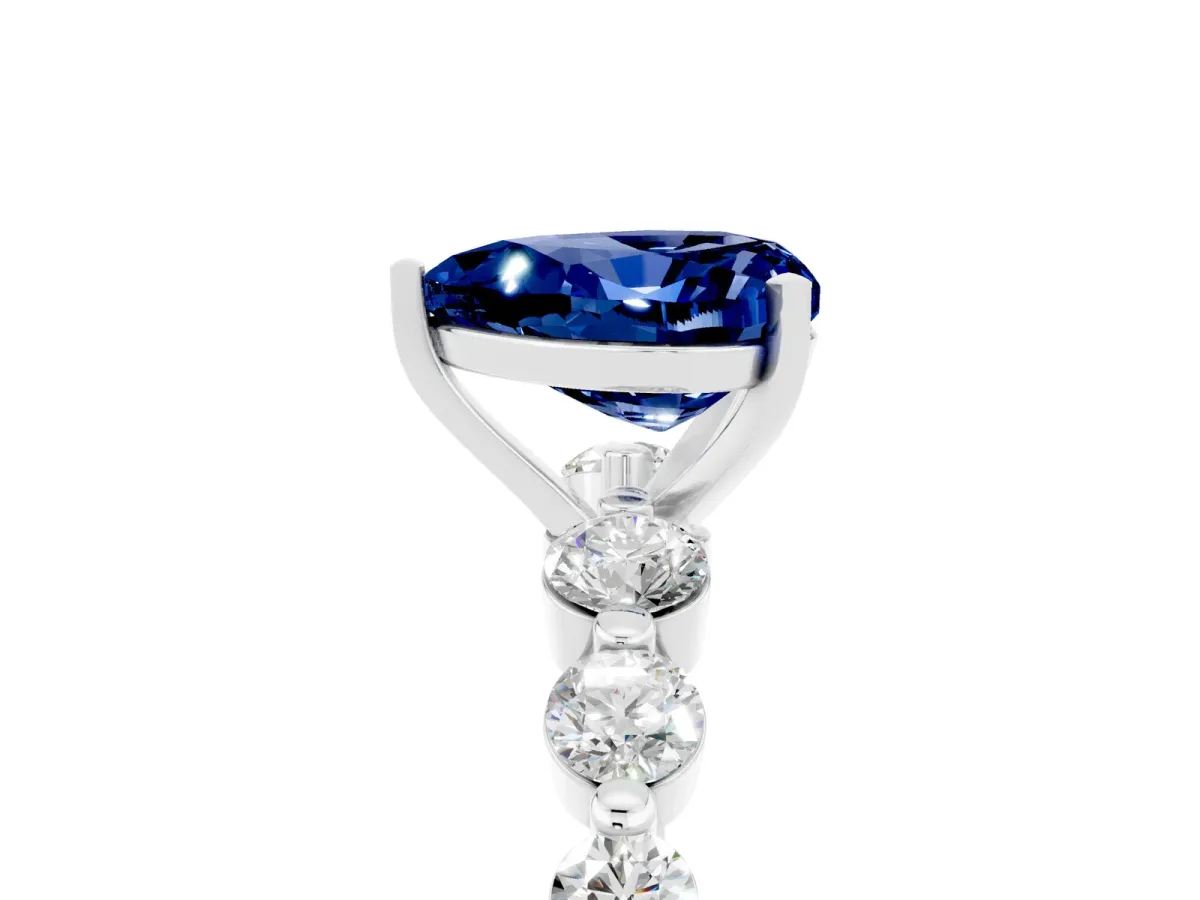 Heart Cut Solitaire Blue Sapphire Ring with Pave Band and Four-Prong Setting Silver
