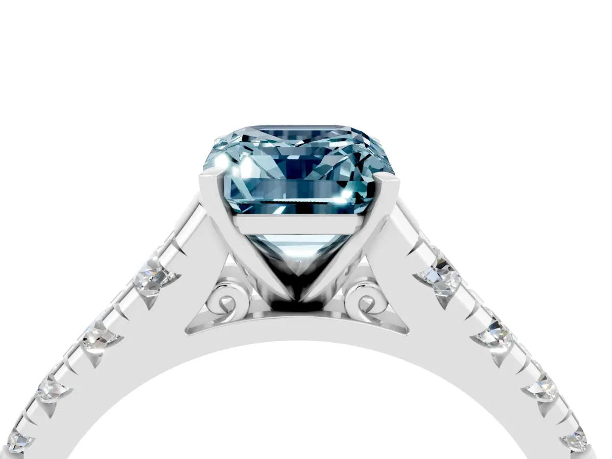 Emerald Cut Aquamarine Cathedral Solitaire Ring with Round Pavé Band Silver
