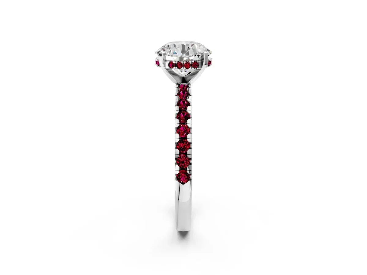 Round Cut Diamond Solitaire Ring with Round Garnet Pavé Band and Four-Prong Setting Silver