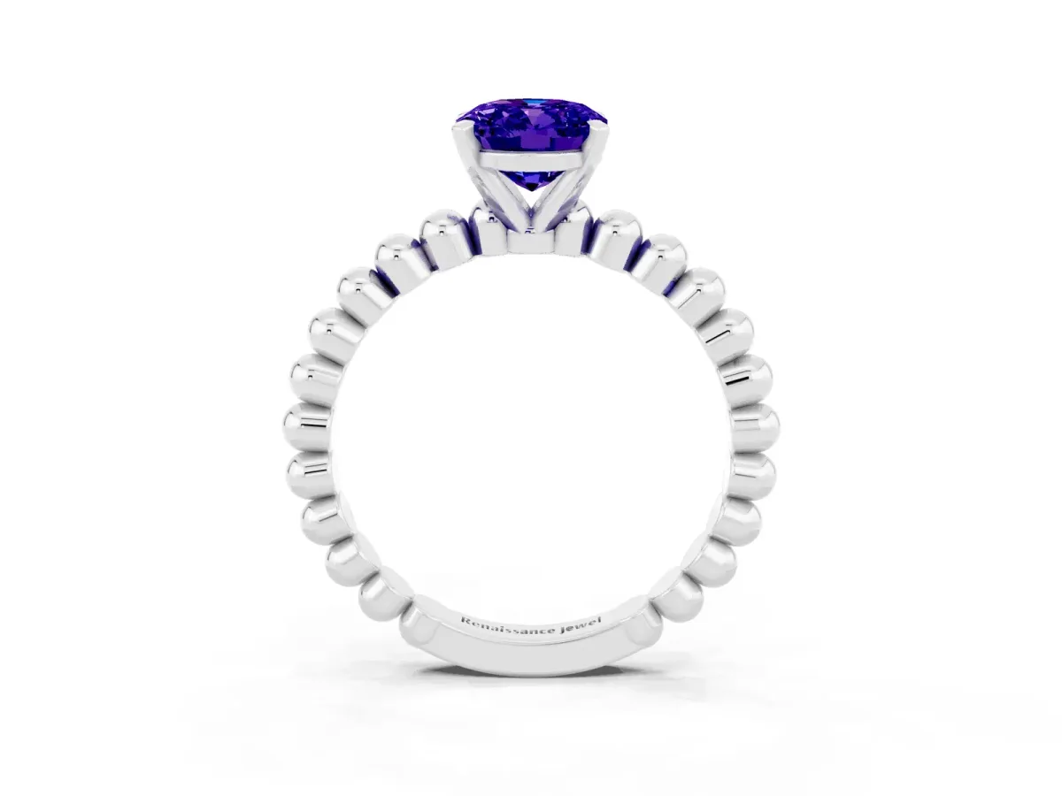 Oval Cut Tanzanite Solitaire Ring with Beaded Band and Prong Setting Silver
