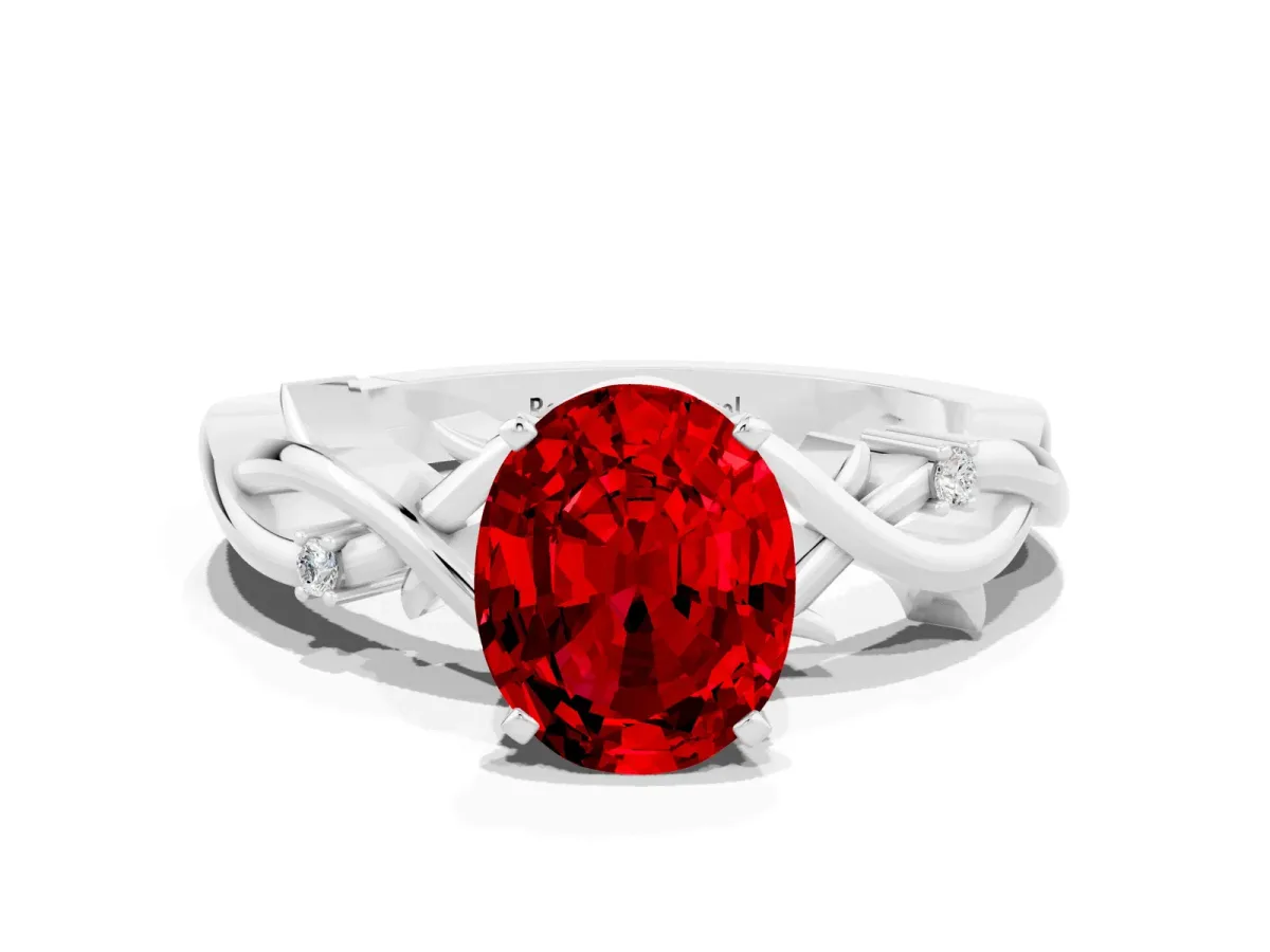 Oval Cut Ruby Solitaire Ring with Twisted Band and Prong Setting Platinum