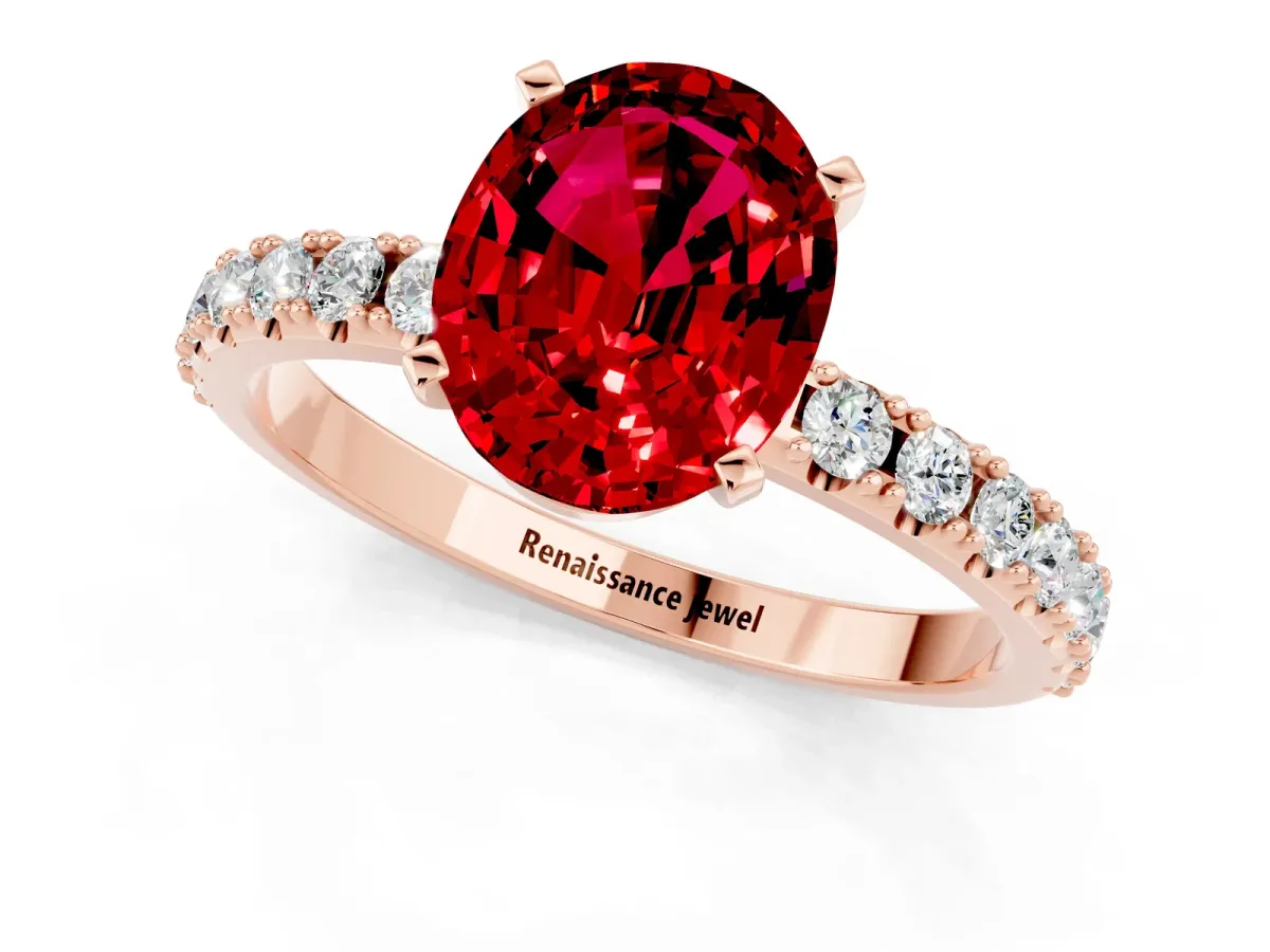 Oval Cut Ruby Solitaire Pavé Band with Four-Prong Setting Rose gold