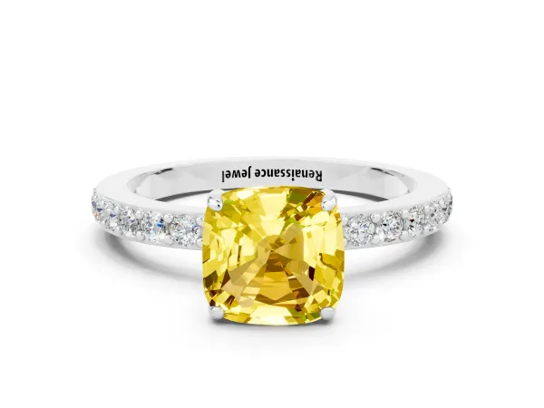 Cushion Cut Yellow Sapphire Solitaire Engagement Ring with Pavé Band and Four-Prong Setting Platinum