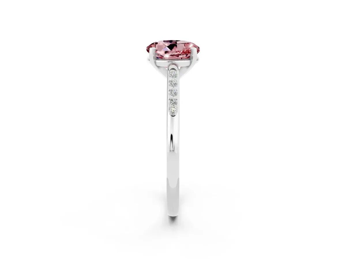 Round Cut Morganite Solitaire Ring with Channel Set Round Band and Prong Setting Silver