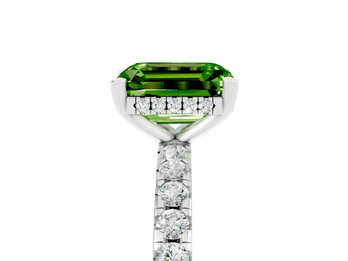Emerald Cut Peridot Solitaire Ring with Round Pavé Band and Four-Prong Setting Silver