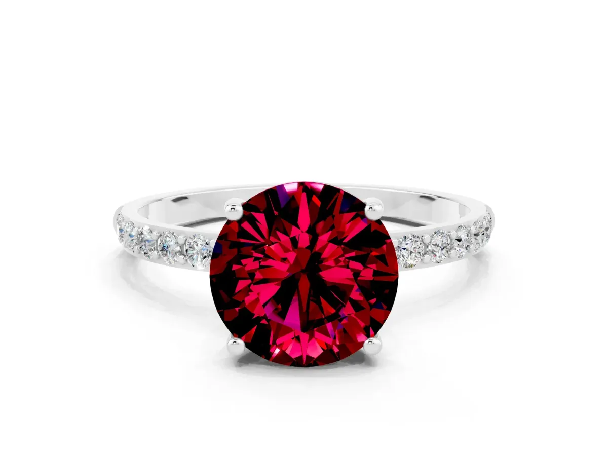 Round Cut Garnet Solitaire Ring with Round Pavé Band and Prong Setting Silver