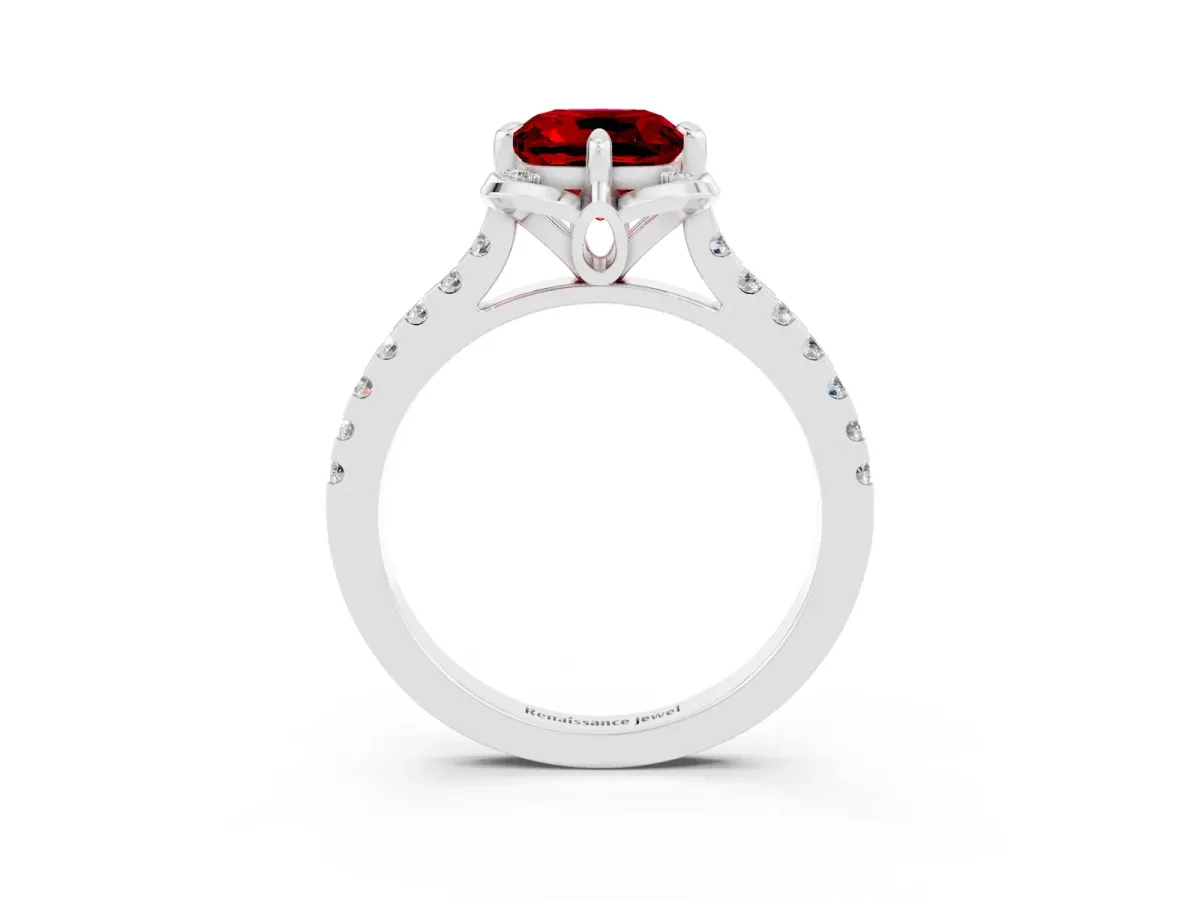 Cushion Cut Ruby Ring with Pavé Band and Floral Prong Setting White gold