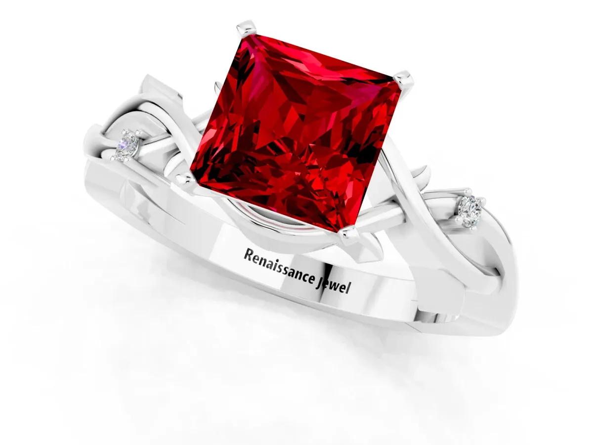 Princess Cut Ruby Solitaire Ring with Twisted Band and Prong Setting White gold