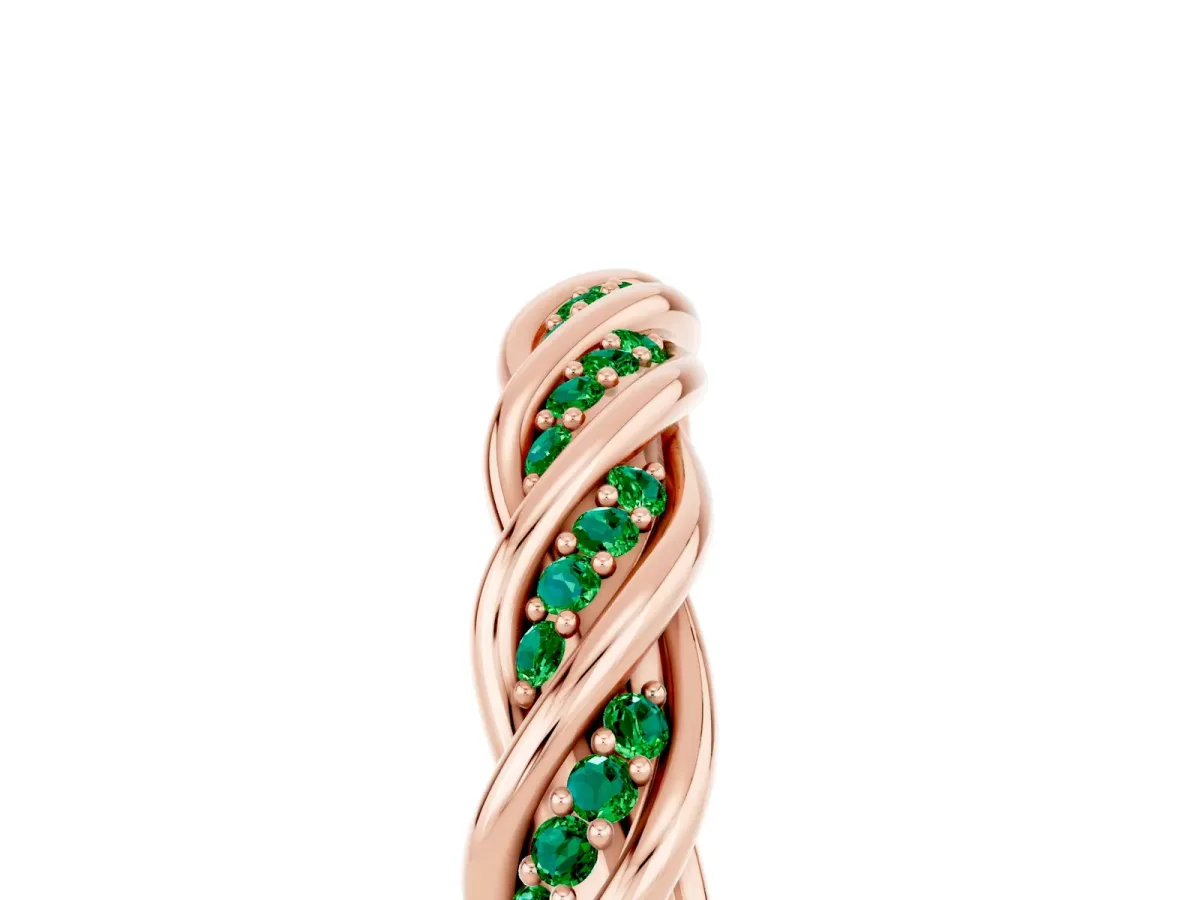 Twisted Pavé Round Emerald Eternity Band with Shared Prong Setting Rose gold