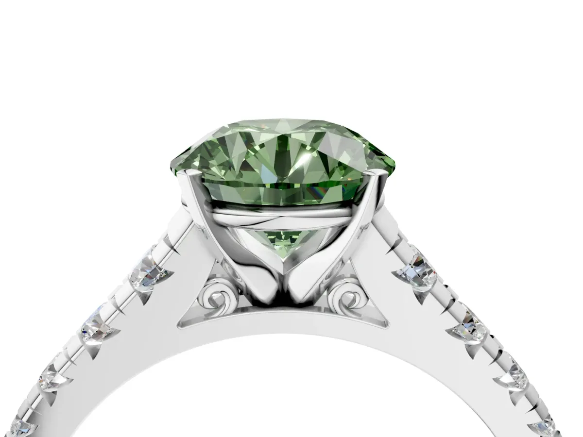 Fancy Green Round Cut Diamond Cathedral Solitaire Ring with Round Pavé Band Platinum