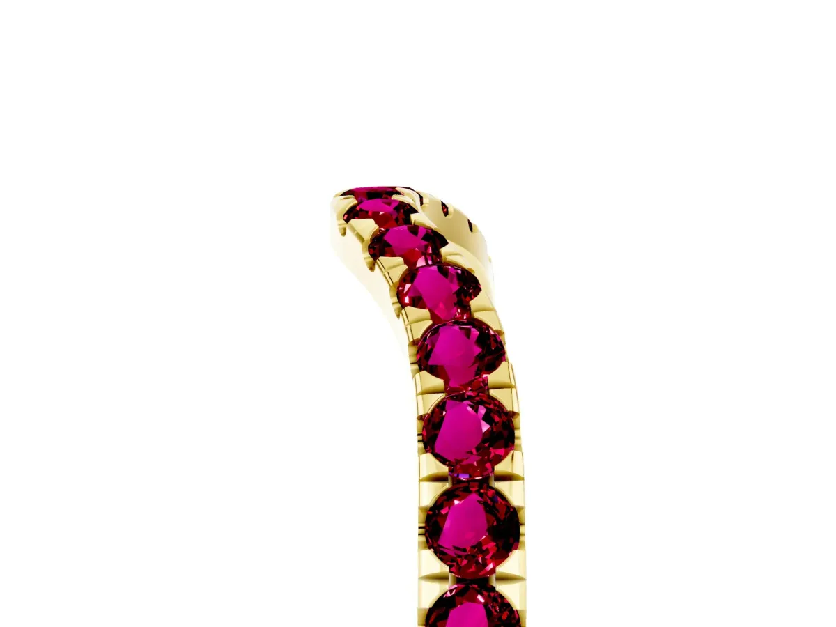 Curved Pavé Round Garnet Wedding Band with Shared Prong Setting Yellow gold