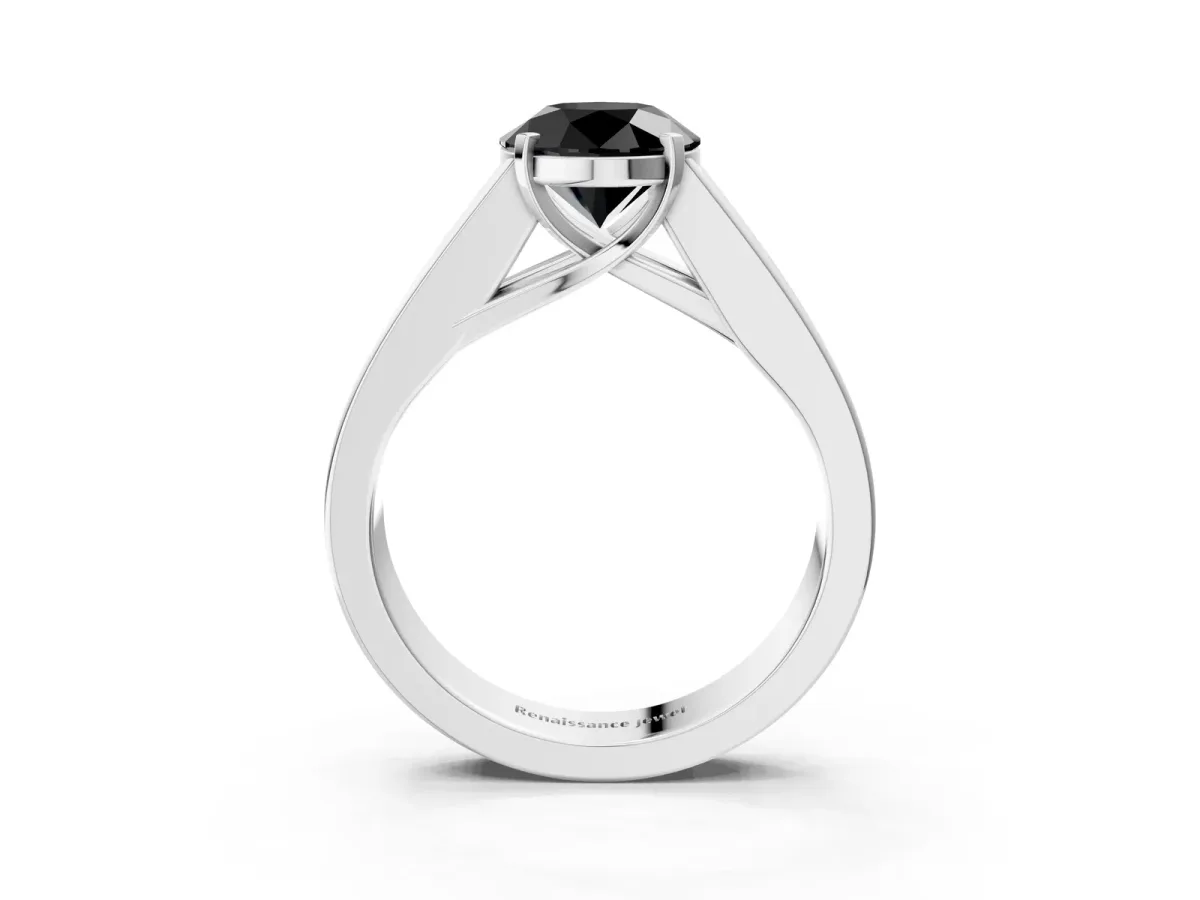 Fancy Black Round Cut Cut Channel Set Solitaire Ring with Four-Prong Setting Silver