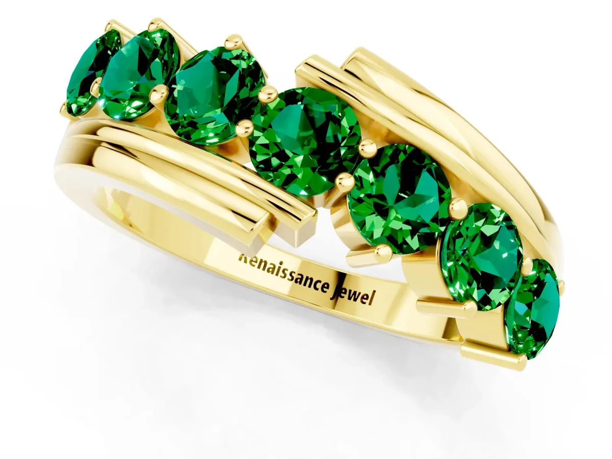 Round Emerald Wave Band with Channel and Shared Prong Setting Yellow gold
