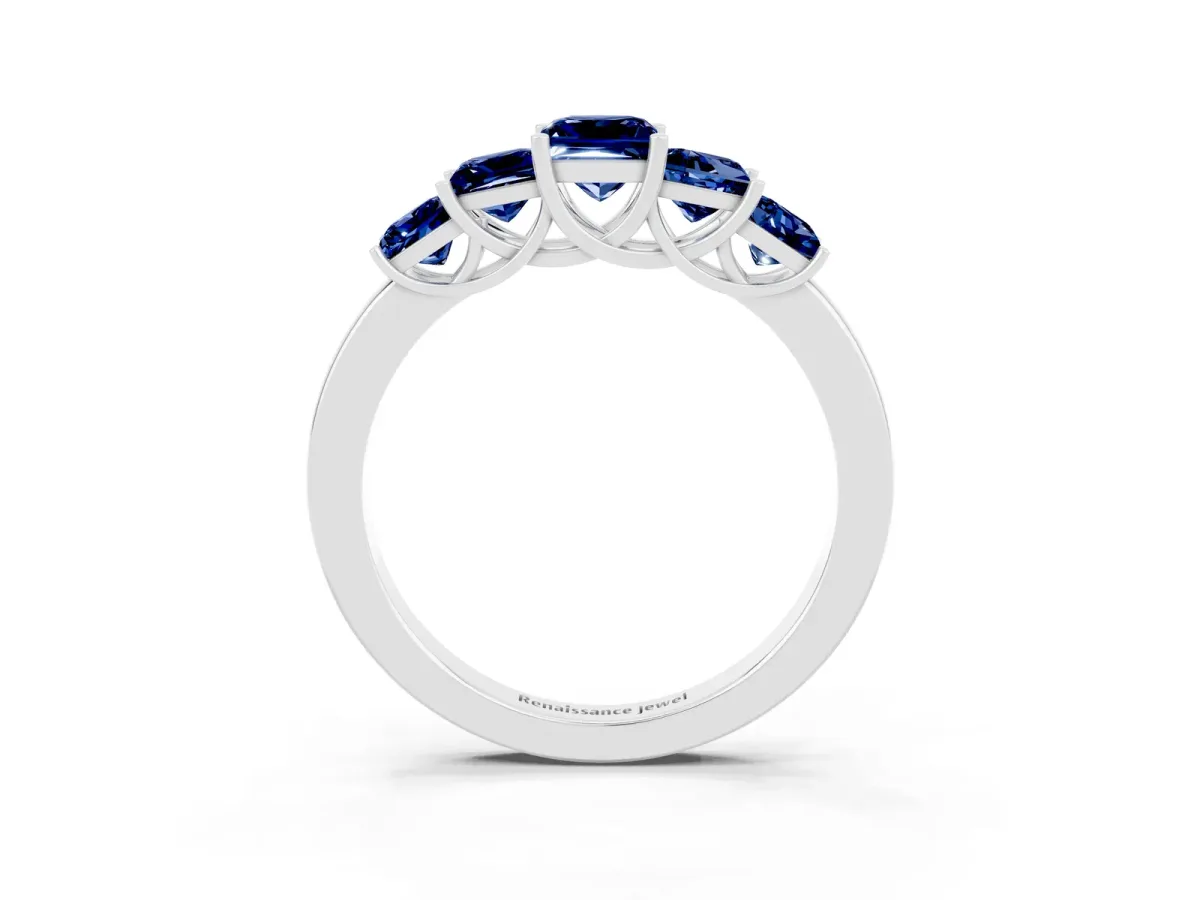 Princess Cut Five-Stone Blue Sapphire Ring with Classic Prong Setting Silver