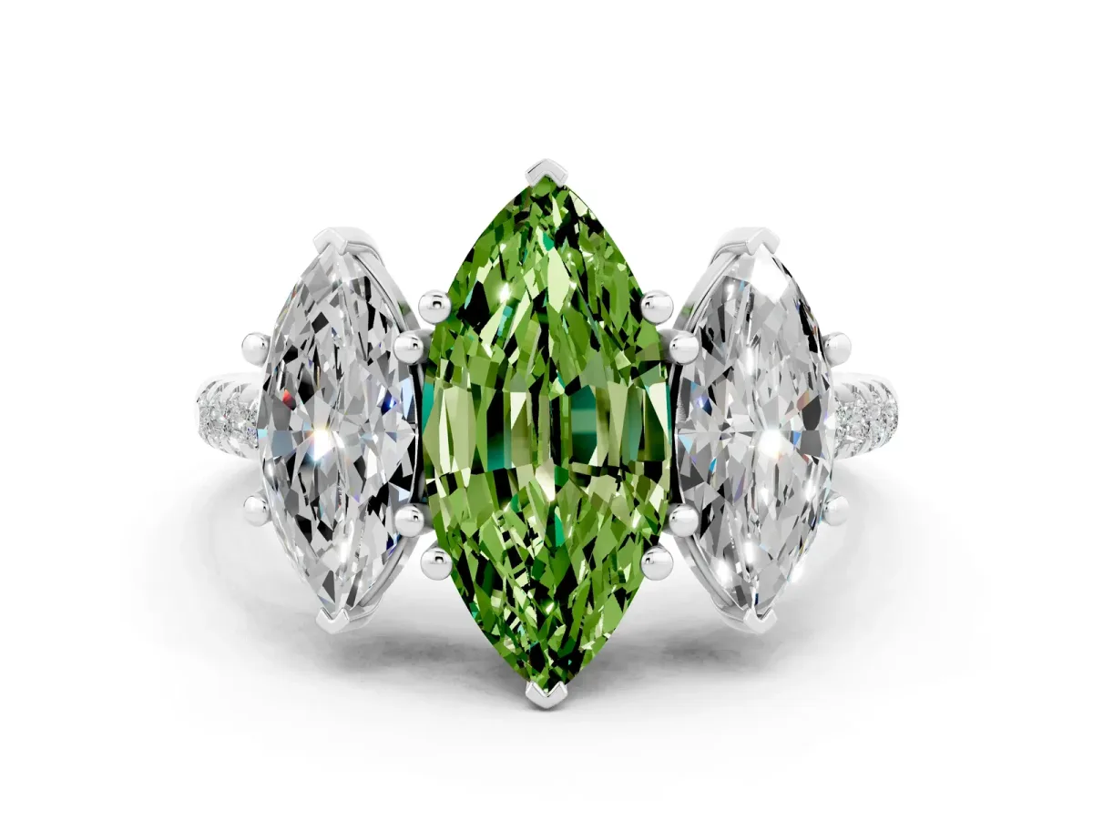 Three-Stone Marquise Cut Peridot Ring with Round Pavé Band and Prong Setting Platinum