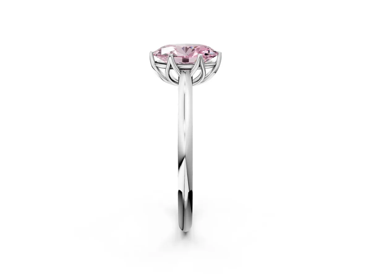 Fancy Pink Oval Cut Solitaire Cathedral Diamond Ring with Six-Prong Setting Silver