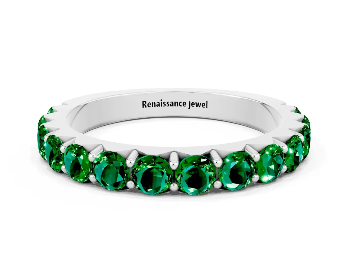 Round Emerald Half Eternity Band with Classic Prong Setting White gold