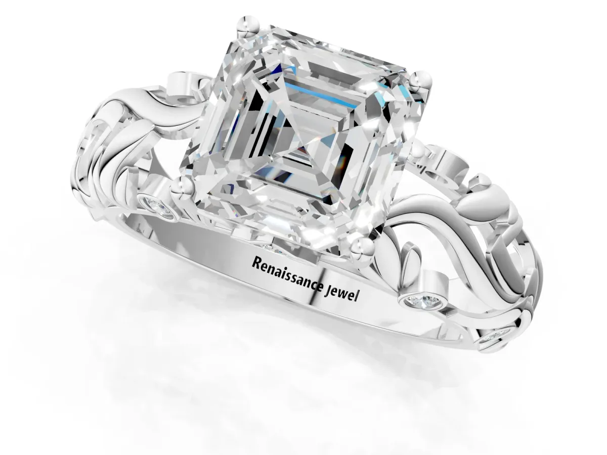 Asscher Cut Solitaire Diamond Leaf-Inspired Vine Band Ring with Prong Setting Platinum