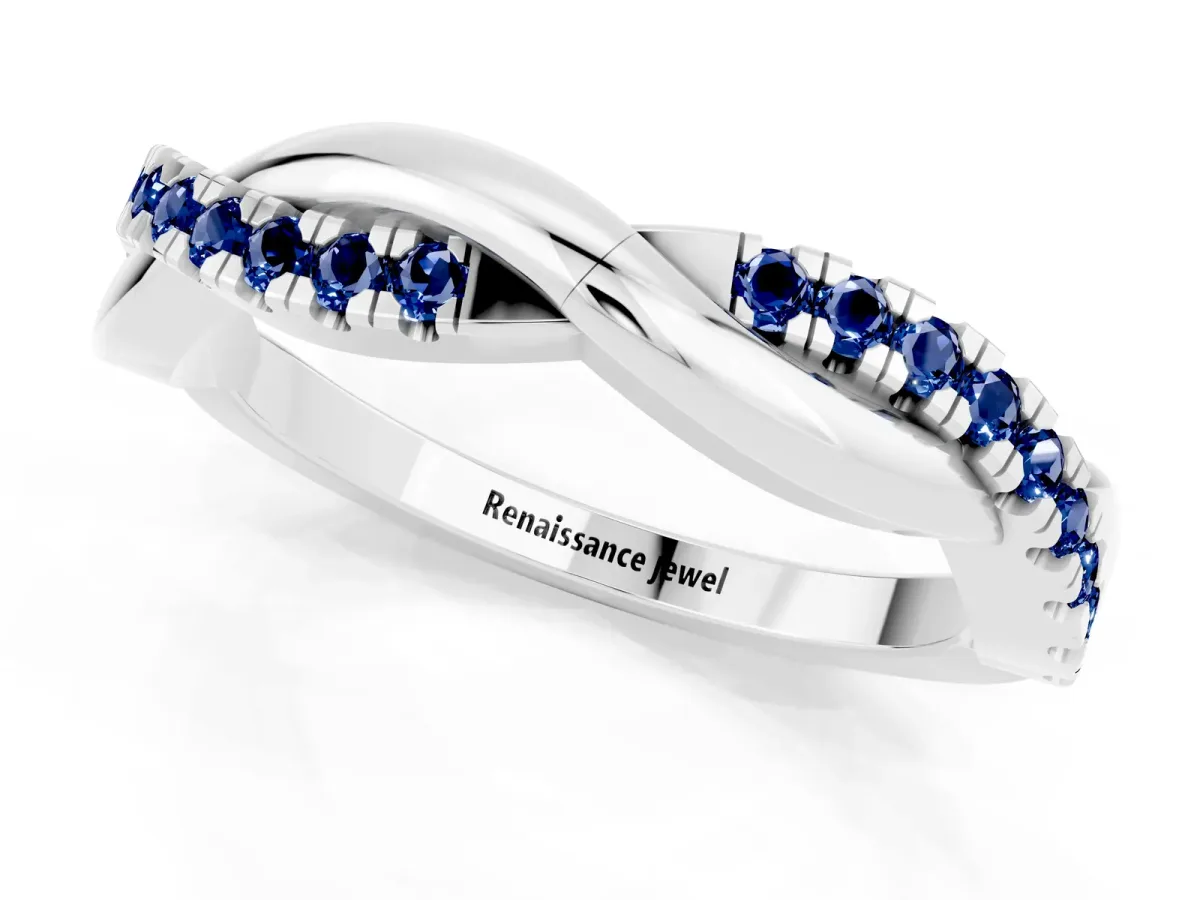 Round Blue Sapphire Twisted Infinity Band with Prong Setting Silver