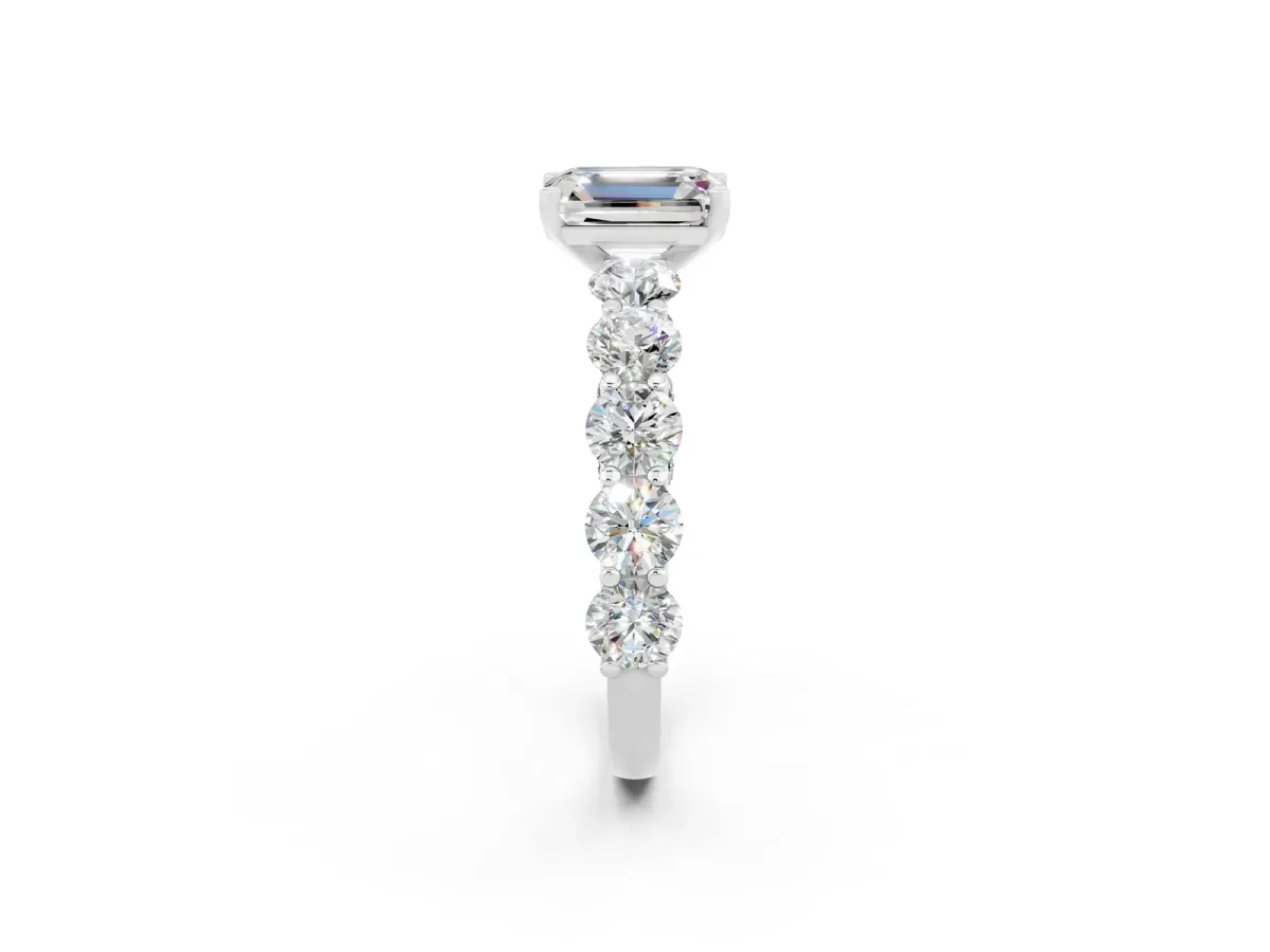 Emerald Cut Moissanite Prong Setting with Side Stones on a Pave Band Platinum