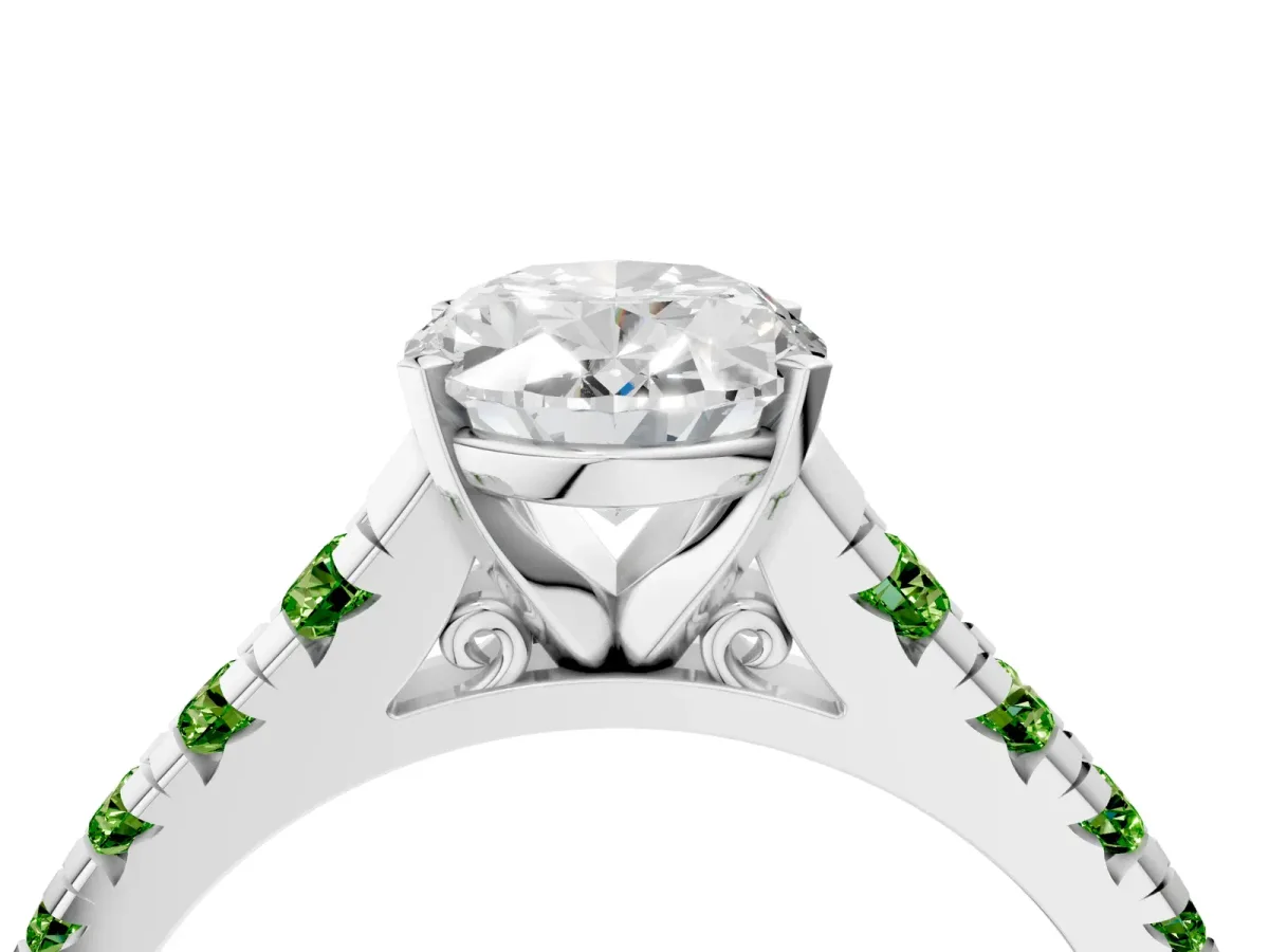 Oval Cut Diamond Cathedral Solitaire Ring with Round Peridot Pavé Band Platinum