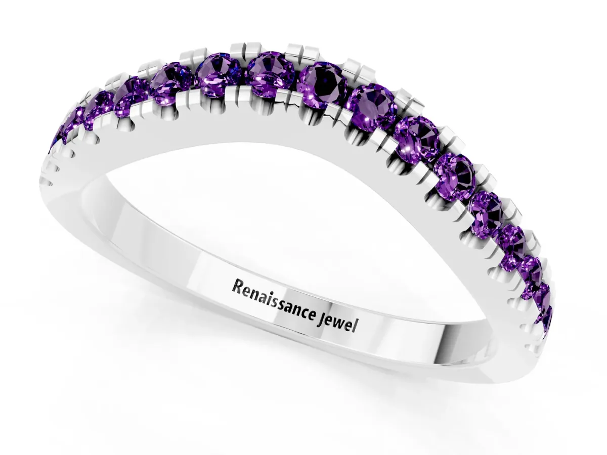 Round Amethyst Pavé Curved Band with Shared Prong Setting White gold