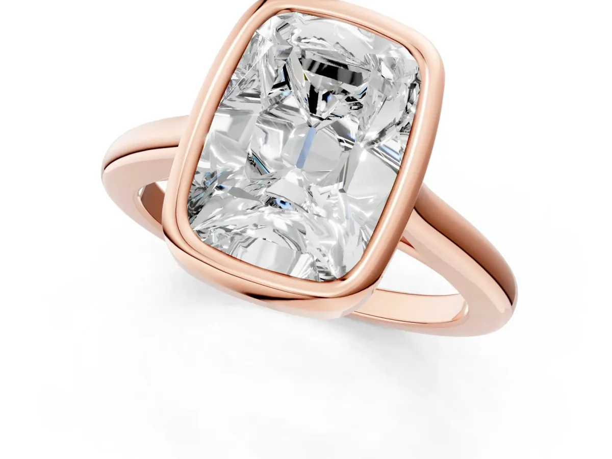 Old Mine Elongated Cushion Diamond Bezel Set Ring Rose gold